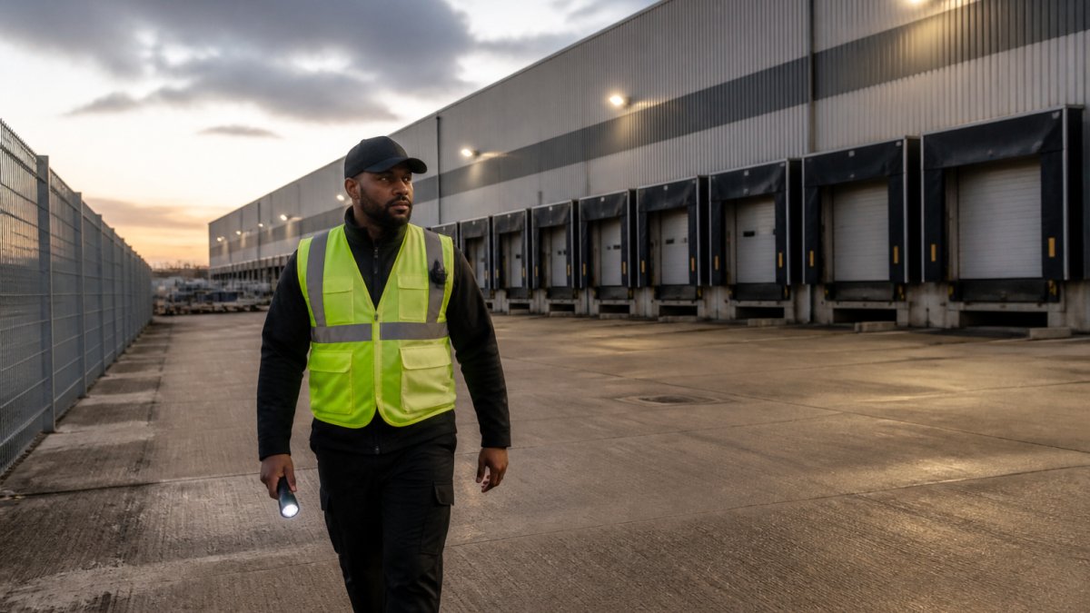 Uniformed security officer patrolling an industrial warehouse at dusk to ensure remote business security