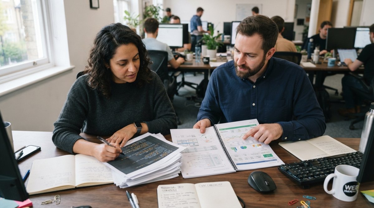 Web developer reviewing technical SEO metrics and Core Web Vitals scores on multiple monitors displaying analytics dashboards and code in a modern office environment with natural lighting