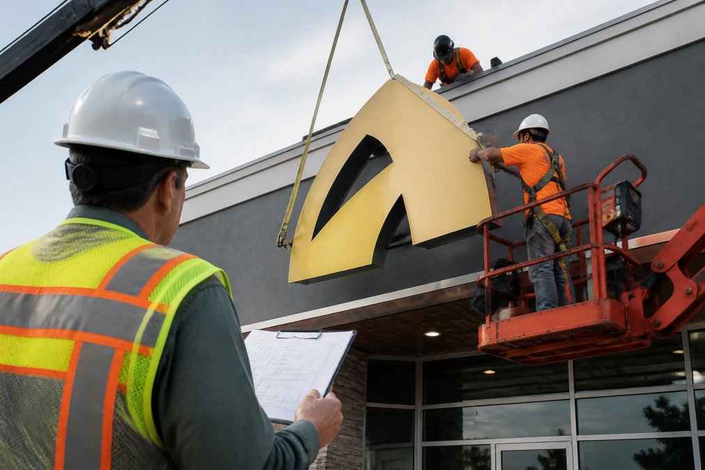 Professional construction crew installing a large commercial exterior sign on building facade, with project manager in hard hat reviewing installation plans on clipboard while crew operates rigging equipment on-site