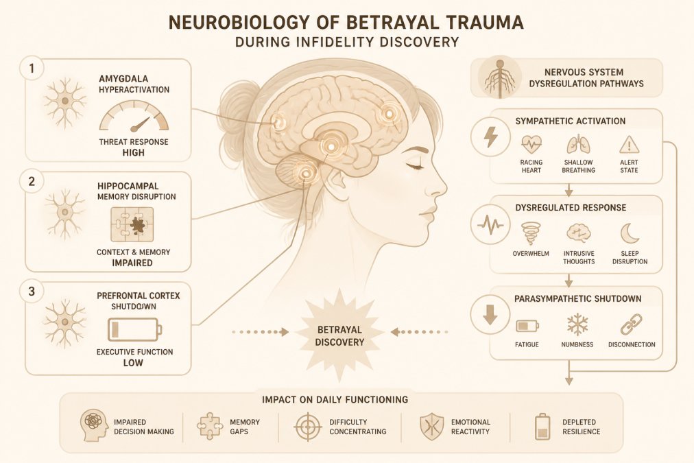 Diagram showing neurobiology of betrayal trauma with amygdala hyperactivation, hippocampal memory disruption, and prefrontal cortex shutdown during infidelity discovery, with nervous system dysregulation pathways labeled