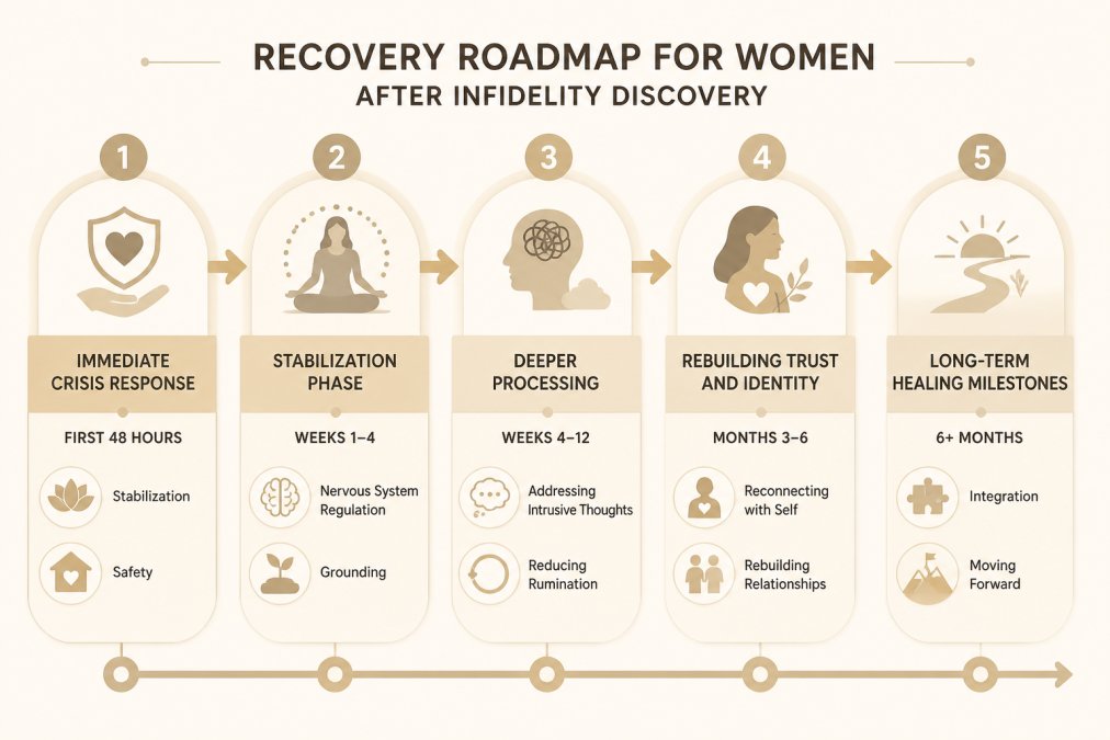 Recovery roadmap flowchart for women showing immediate crisis response (first 48 hours: stabilization and safety), stabilization phase (weeks 1-4: nervous system regulation and grounding), deeper processing (weeks 4-12: addressing intrusive thoughts and rumination), rebuilding trust and identity (months 3-6: reconnecting with self and relationships), and long-term healing milestones (6+ months: integration and moving forward)