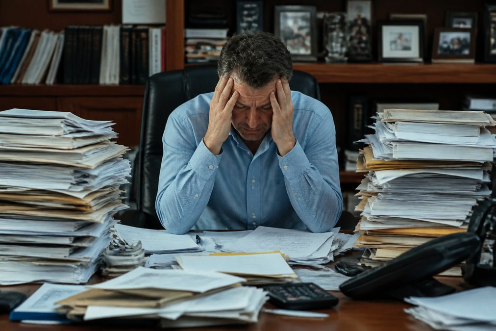 Stressed business owner sitting at desk surrounded by stacks of papers, multiple computer monitors, and scattered documents, with dim office lighting and a overwhelmed expression, representing the weight of managing a struggling business