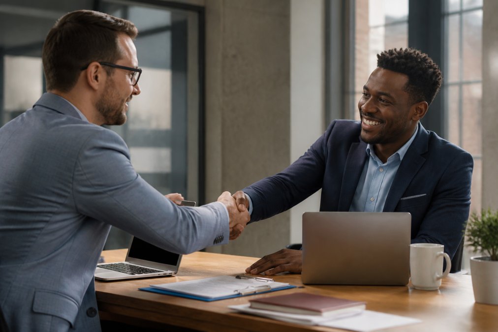 Two business professionals shaking hands across a wooden desk with laptops and documents visible, sitting in a modern office with natural window light streaming in, representing a successful client-consultant partnership