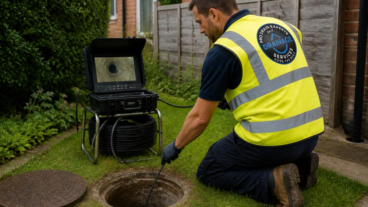 Professional drainage technician in high-visibility vest operating portable CCTV drain survey equipment in residential garden, with digital monitoring screen displaying internal pipe inspection footage