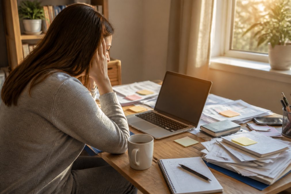 A small business owner sitting at a cluttered home office desk, staring at a laptop showing multiple disjointed marketing dashboards, coffee cup and notebook nearby, warm afternoon light through window