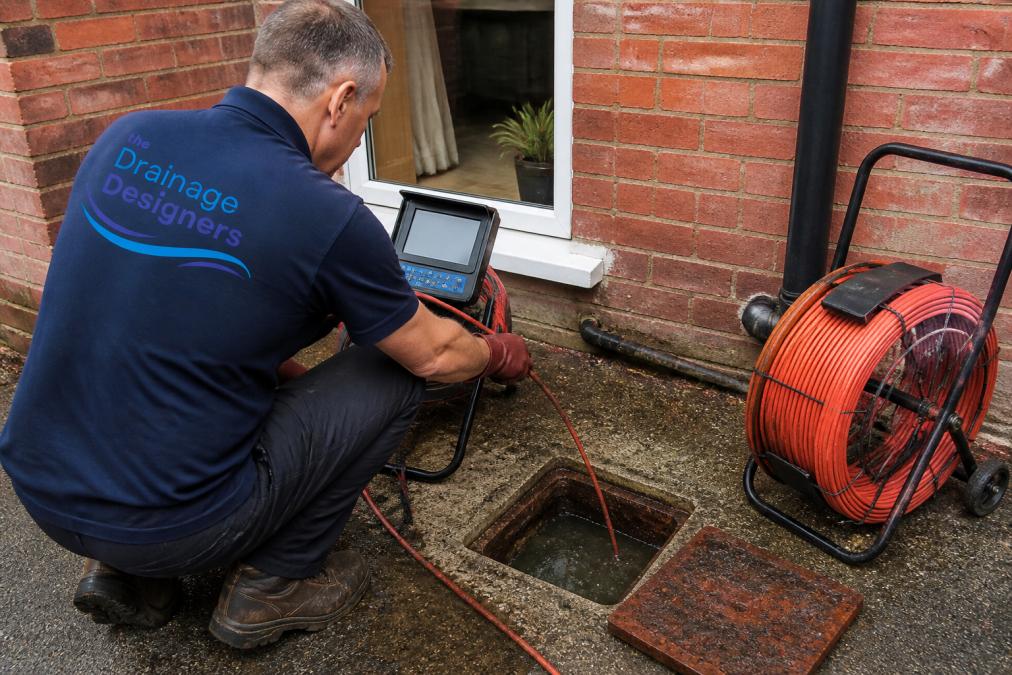Professional drainage specialist conducting CCTV inspection of pipes using specialist equipment in residential setting, with inspection camera and monitor visible
