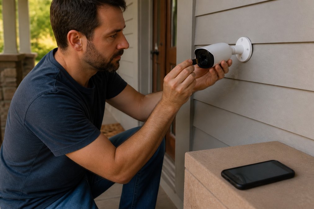 A person kneeling on a porch installing a microSD card into a security camera mounted on a wall, smartphone showing the app setup screen resting on a nearby step, warm afternoon light