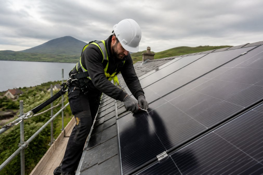 Professional installer in safety gear standing on a residential roof in Scotland, fitting a solar panel with a green landscape and overcast sky behind him