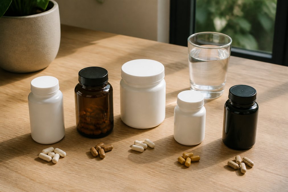 Comparison chart of five top stimulant free supplements for focus arranged on a wooden table.
