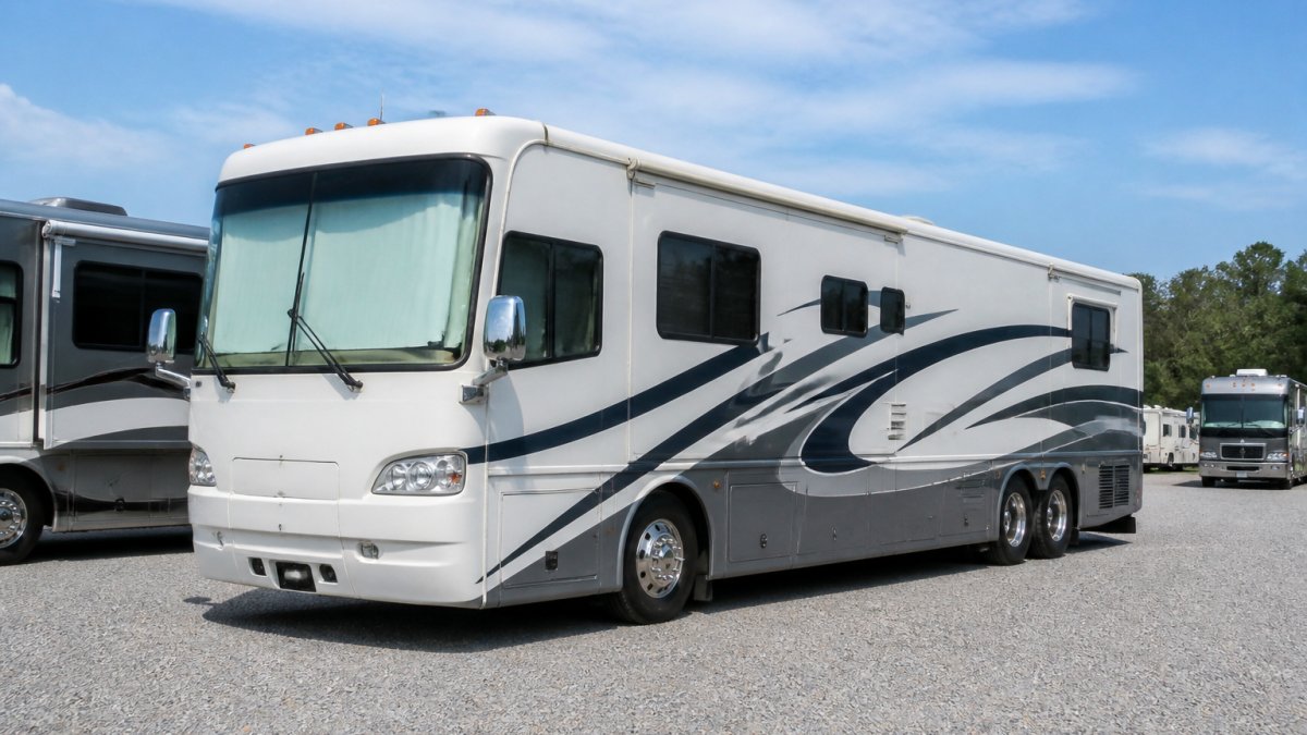 Large white RV parked in open outdoor storage lot under bright sunlight, showing exposed position with no roof or covering, surrounding vehicles visible in background