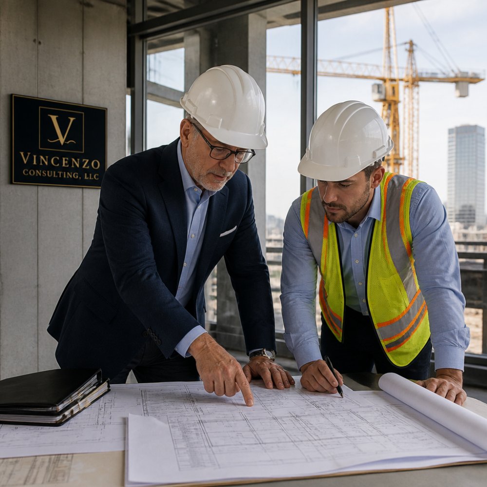 Consultants reviewing blueprints and schedules for complex commercial projects at a job site construction meeting