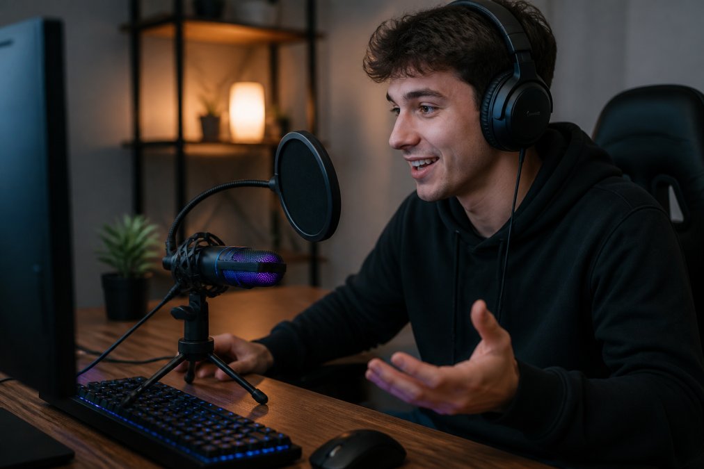 Close-up of a beginner streamer's desktop setup with a USB condenser microphone, pop filter, and boom arm positioned in front of a gaming monitor with soft desk lighting