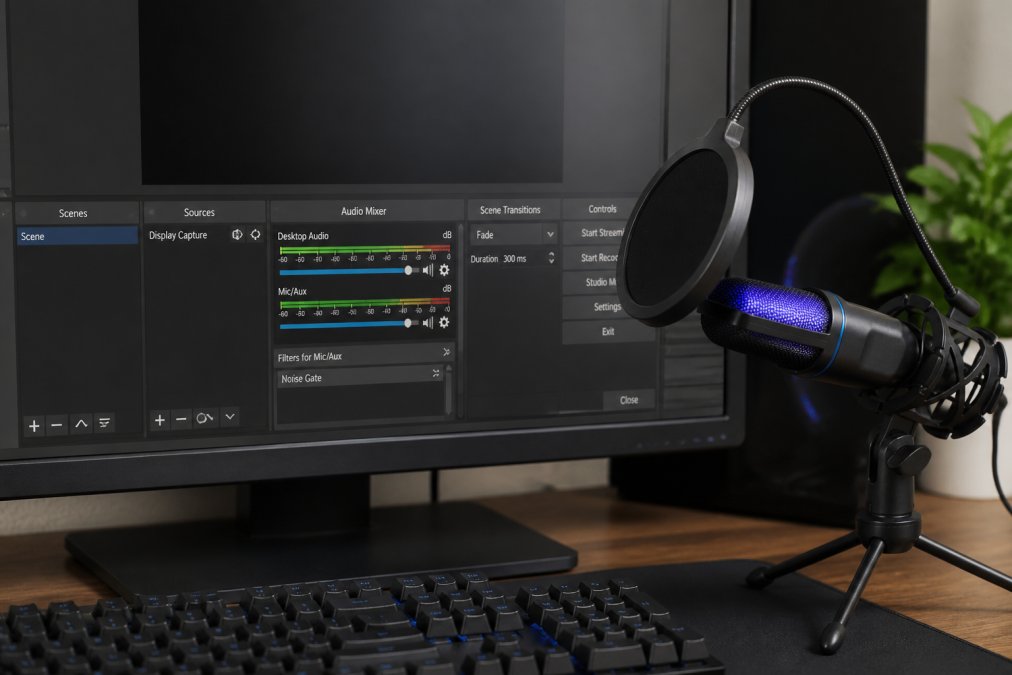 Computer screen showing OBS audio settings panel with microphone input levels, gain controls, and noise gate filter visible in the mixer section