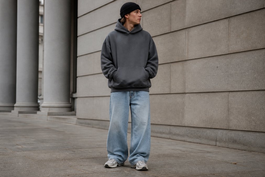 A young man in an urban setting wearing a boxy, oversized hoodie and wide-leg jeans, styled with a beanie and trainers, capturing the streetwear aesthetic