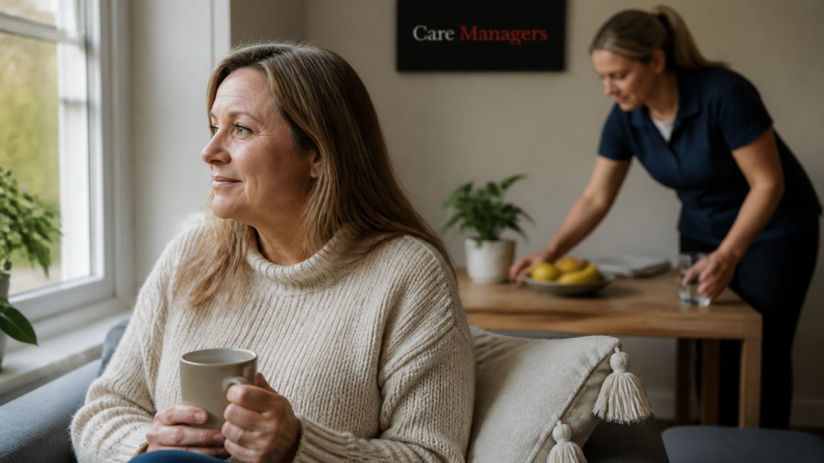 Person sitting comfortably in their own home near a window with natural light, looking calm and peaceful, with care support worker in the background offering assistance with daily tasks