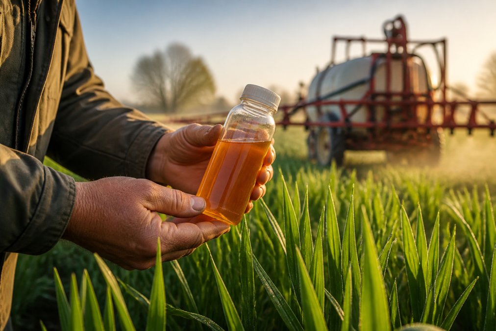 Close-up of a farmer's weathered hands holding a clear bottle of amber liquid biostimulant above young green wheat, with a trailed sprayer blurred in the background under soft morning light