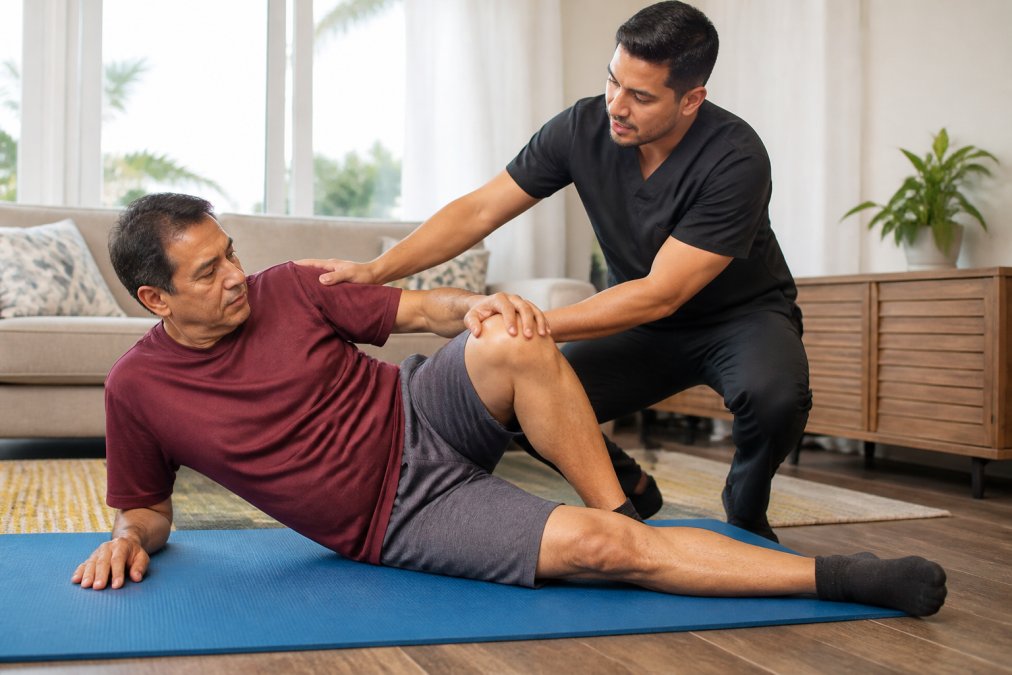 A middle-aged adult performing a gentle hip stretch on a yoga mat in a bright living room, with a physical therapist kneeling beside them and guiding the movement