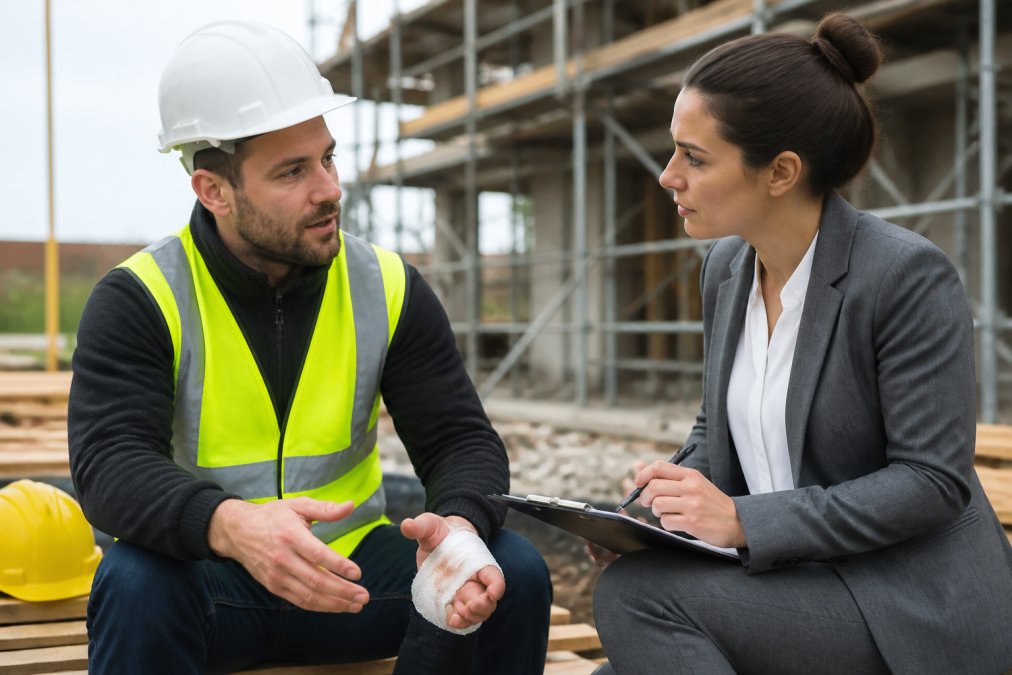 A construction worker in high-visibility clothing and a hard hat talking to a solicitor at a building site, with a clipboard and safety equipment visible in the background