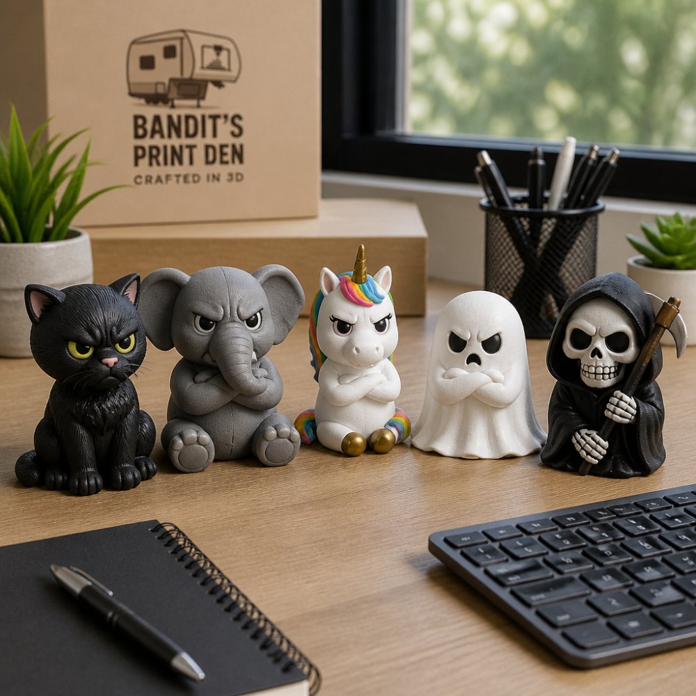 Professional desk workspace featuring multiple Animals with Attitude desk buddies (cat, elephant, unicorn, ghost, and grim reaper) arranged together with office supplies and a computer monitor, natural office lighting