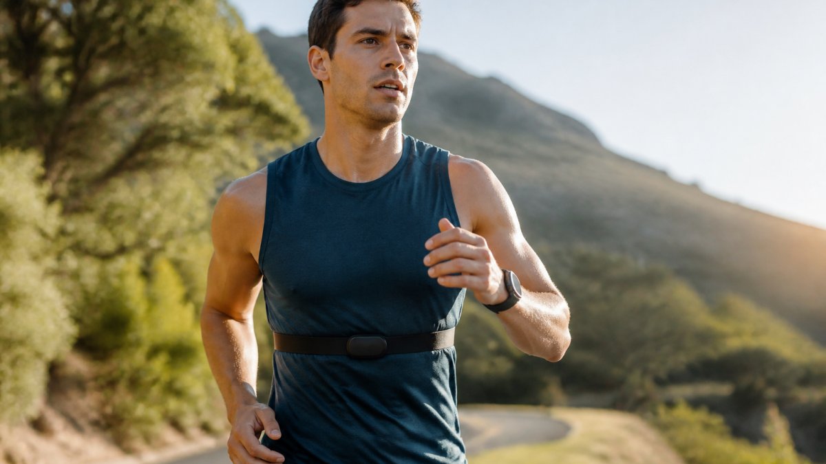 Athlete in motion wearing smartwatch on wrist and chest-mounted heart rate monitor during outdoor running session, morning sunlight catching the device displays
