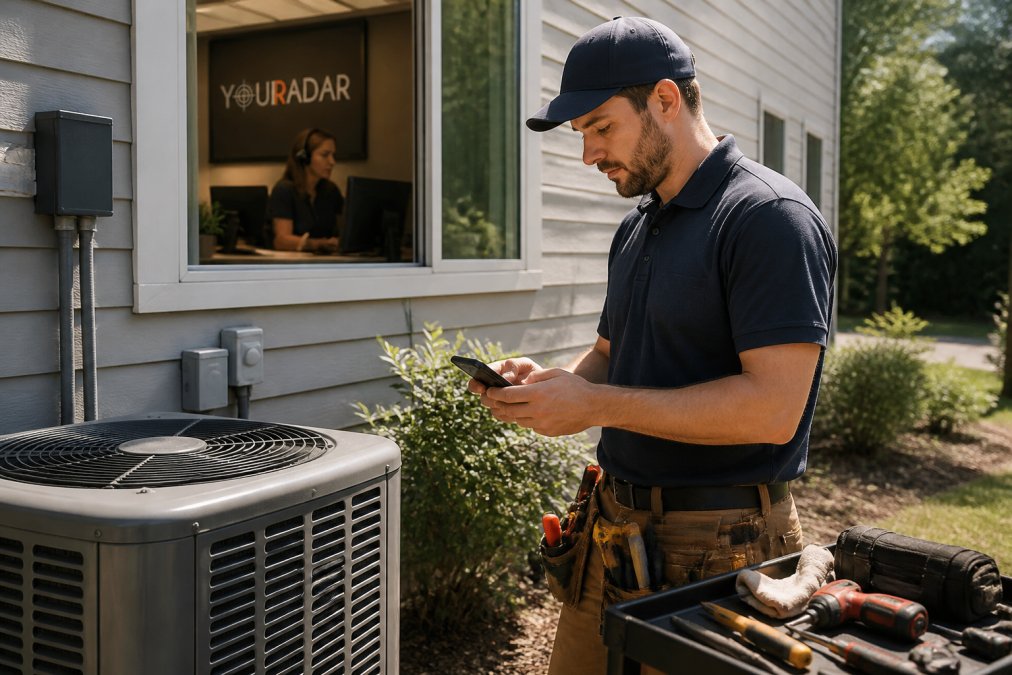 HVAC technician in the field checking a mobile app on smartphone while standing next to a residential unit, with dispatcher visible in background office through window, natural outdoor lighting