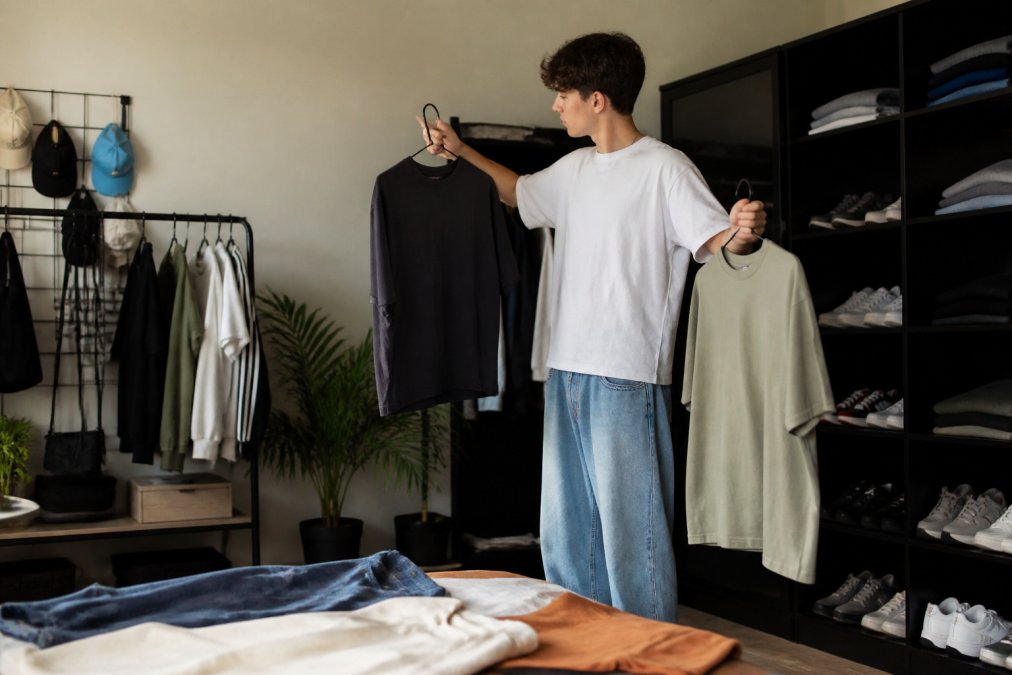 Jonge persoon in een moderne kamer die verschillende streetwear outfits uit een kast selecteert en combineert, met focus op het proces van stijlkeuzes maken
