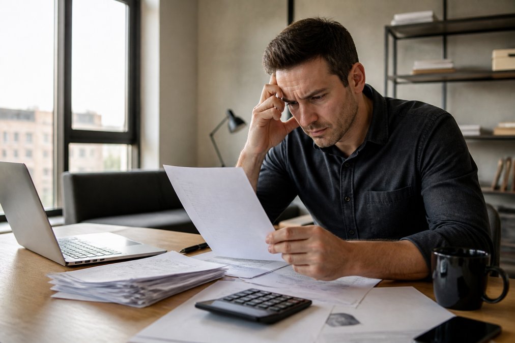 Real estate investor reviewing mortgage documents and financial spreadsheets at a desk with laptop, showing focused concern during a property crisis situation