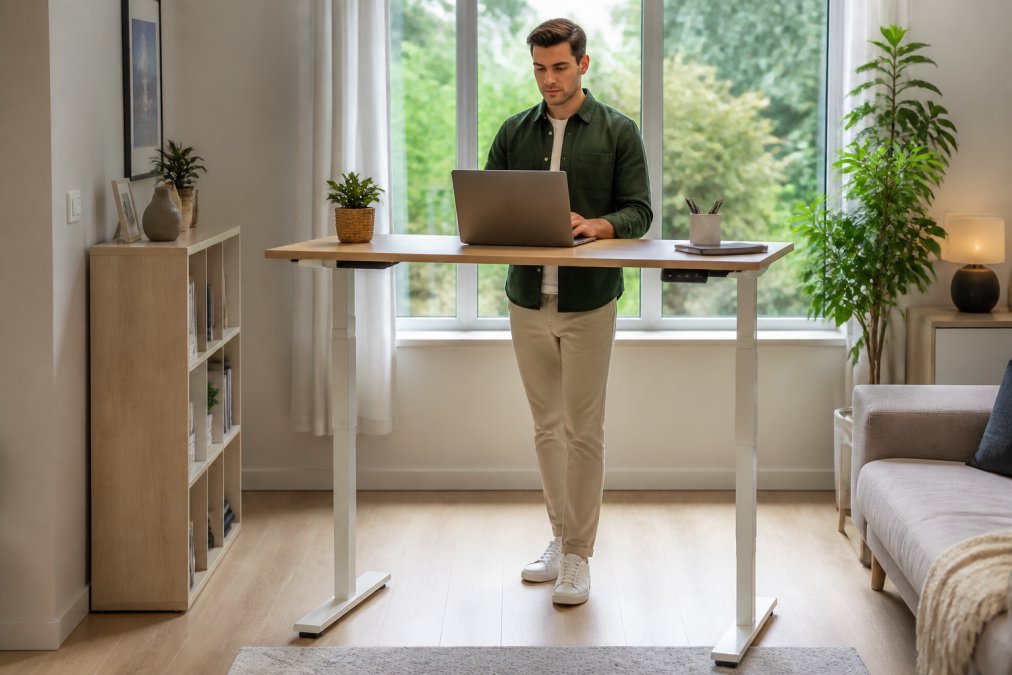 A person working at a sit-stand desk in a standing position with a laptop and well-organized desk accessories, in a bright and modern home workspace, with a window in the background