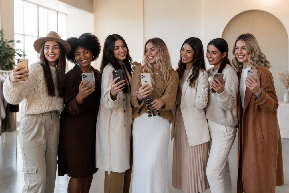 A diverse group of young Christian fashion influencers posing together in stylish, modest outfits, smiling and holding phones as if creating content, in a bright, modern setting
