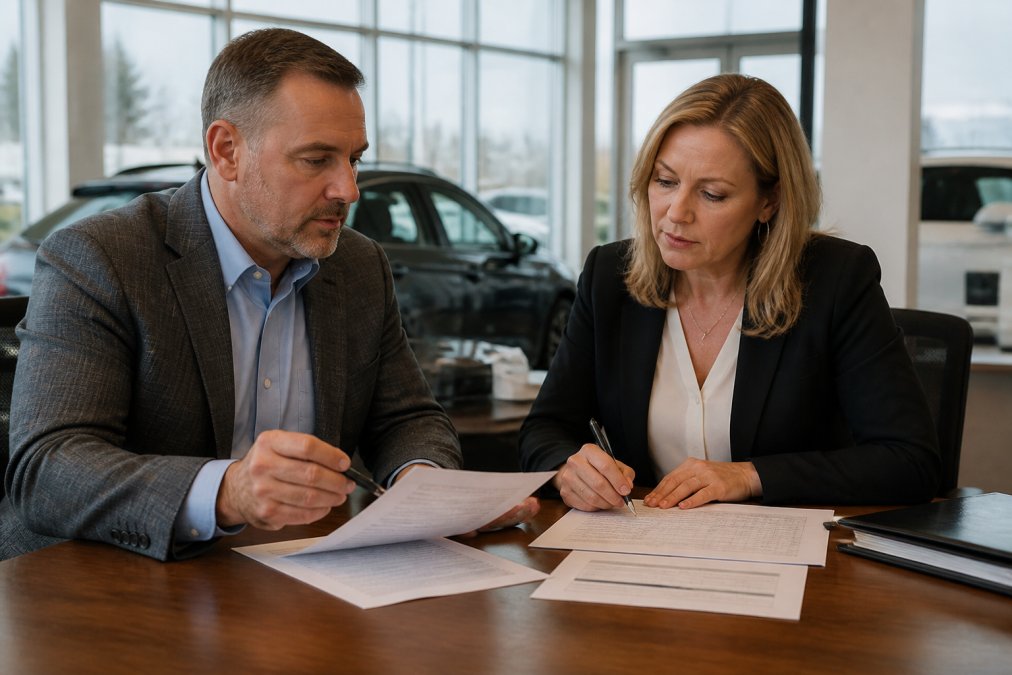 A dealership general manager and a consultant reviewing a printed vendor contract and financial reports at a desk in a dealership office, natural window light