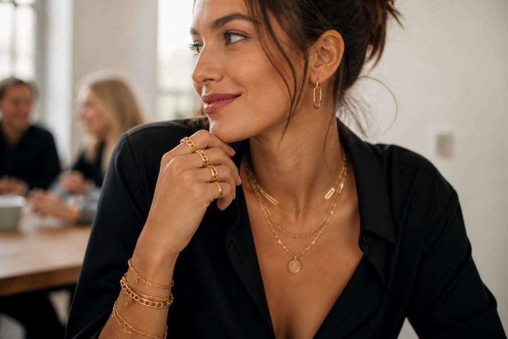 Femme portant plusieurs ensembles de bijoux dorés minimalistes et élégants, posant devant un fond blanc épuré, montrant colliers ras de cou, bagues chaîne et bracelets empilables