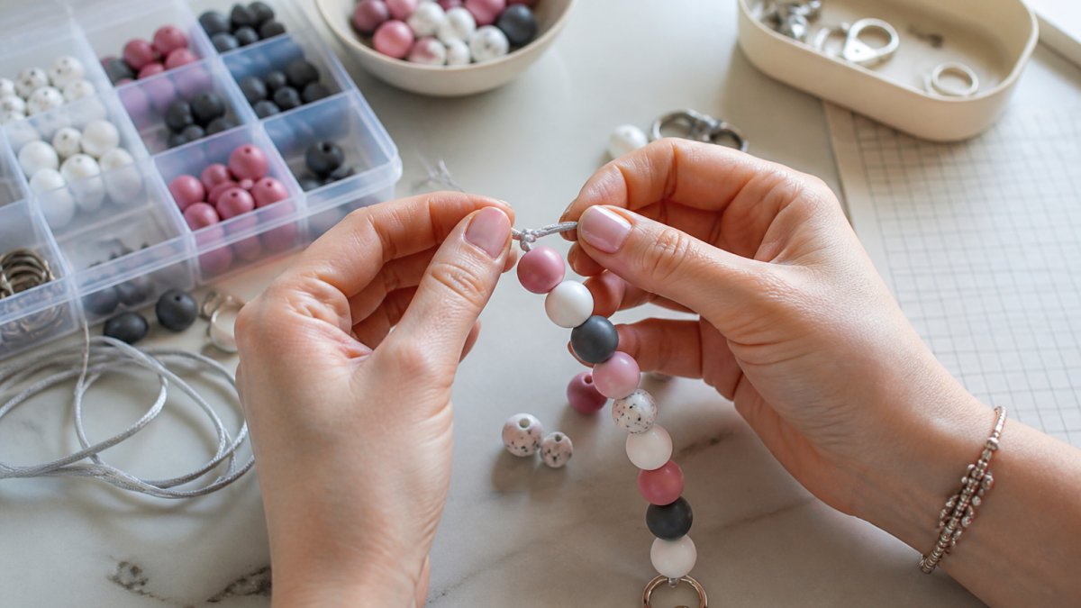 Hands carefully assembling a beaded lanyard with silicone beads and nylon cord on a bright craft table, showing proper square-knot technique between beads with natural window lighting