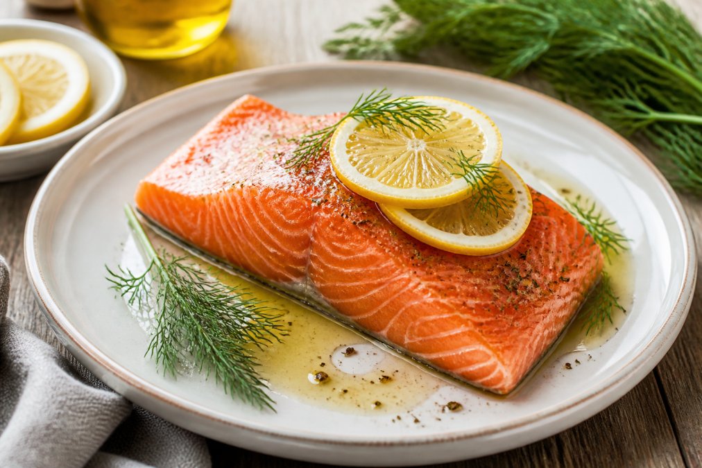 Fresh salmon fillet on white ceramic plate with bright lemon slices, fresh dill sprigs, and a drizzle of extra virgin olive oil, natural window lighting