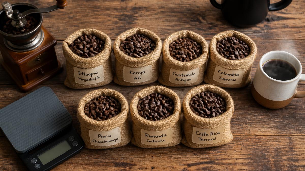 Overhead flat lay of seven small burlap coffee bags arranged on a rustic wooden kitchen counter, each bag labeled with a different origin, surrounded by a hand grinder, a digital scale, and a steaming ceramic mug