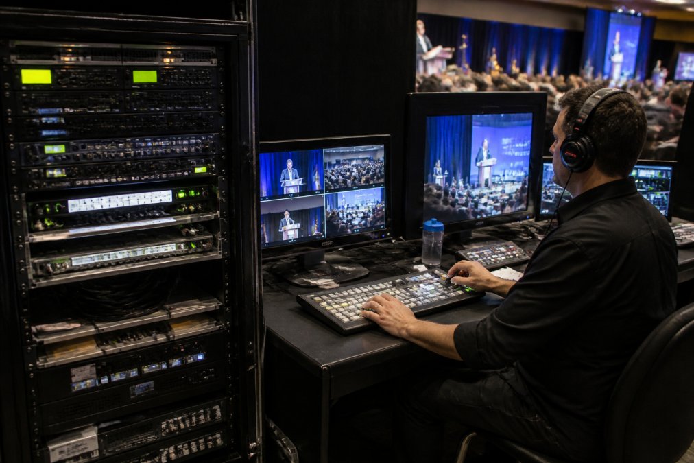 Diagram of a professional control room workflow using live streaming hardware to manage corporate webcasts.