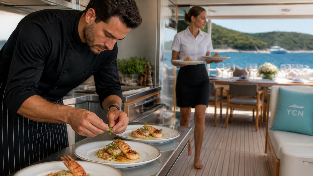 A private chef plating a composed seafood course in a yacht galley, with stainless steel counters and a stewardess carrying plates toward the aft deck dining table set with linen and glassware