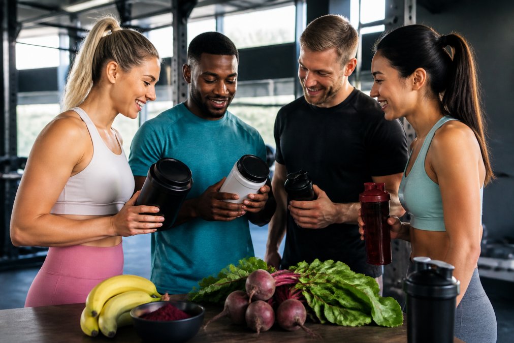 A group of diverse athletes in a gym setting, holding shaker bottles and comparing supplement tubs, with a focus on natural ingredients like beetroot and bananas on a nearby table