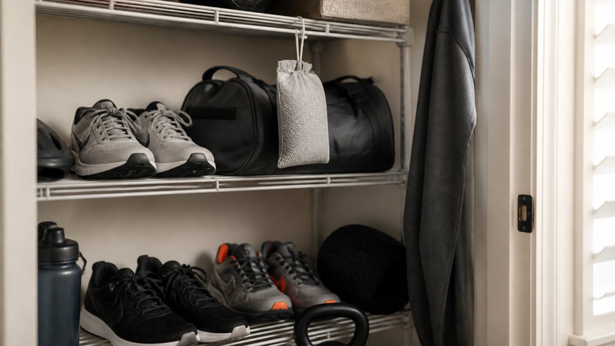 Bio-based deodorizer pouch hanging near athletic shoes and gym gear on an organized closet shelf