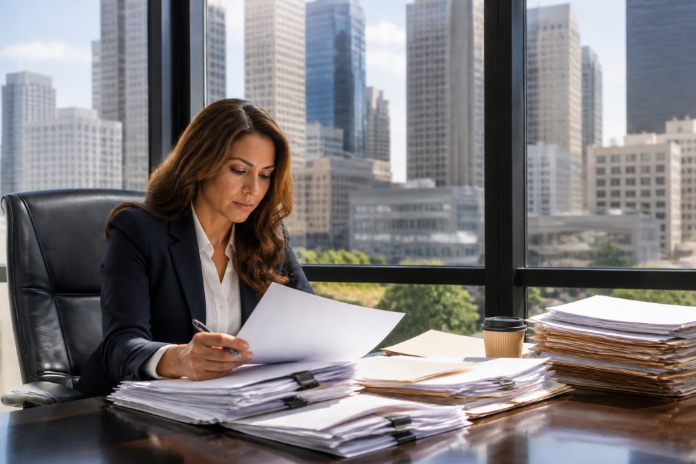 A professional woman in a business suit reviewing real estate documents at a large desk in a modern downtown Los Angeles high-rise office, with a cityscape visible through the window