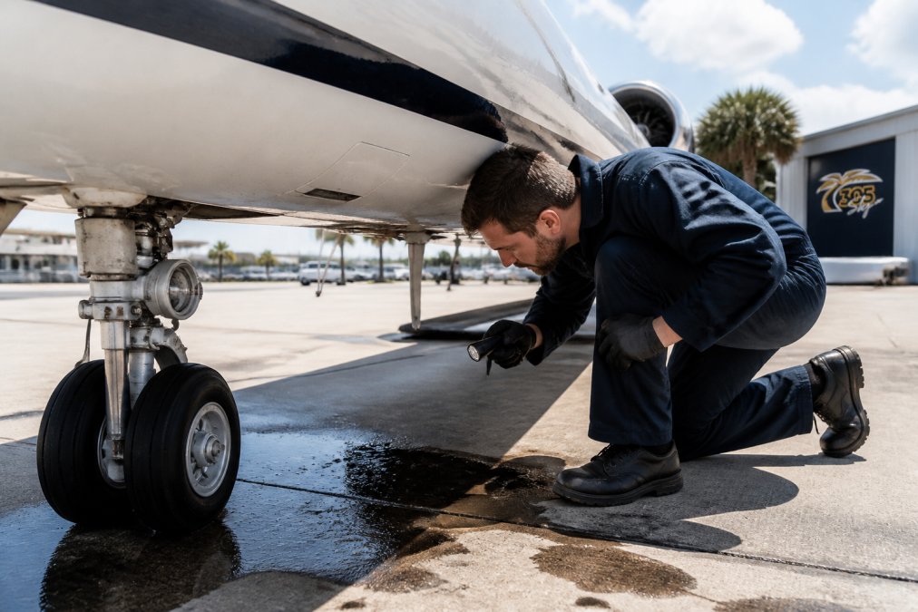 Aircraft mechanic in coveralls kneeling beside a private jet on a sunlit South Florida ramp, inspecting a small pool of hydraulic fluid under the landing gear with a flashlight