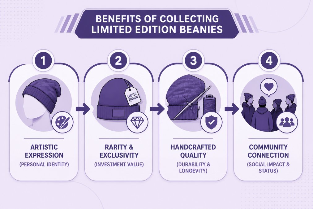 Flowchart showing 4 key benefits connected in sequence: Artistic Expression (Personal Identity) → Rarity & Exclusivity (Investment Value) → Handcrafted Quality (Durability & Longevity) → Community Connection (Social Impact & Status)