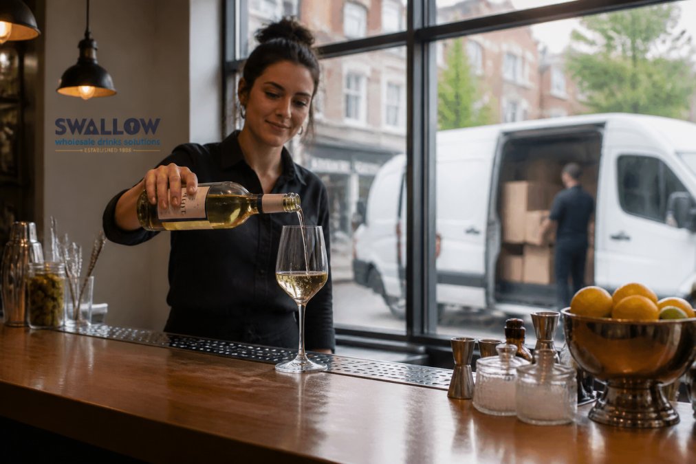 A sommelier pouring a glass of white wine from a bottle on a restaurant bar, with a white delivery van visible through the window behind, suggesting a morning stock delivery