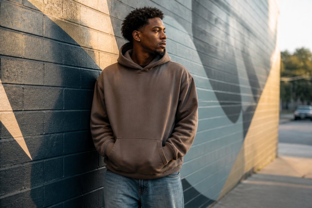 A young adult wearing an oversized faith-based hoodie and relaxed jeans, standing against a painted brick wall in an urban setting, hands in pockets, soft late-afternoon light