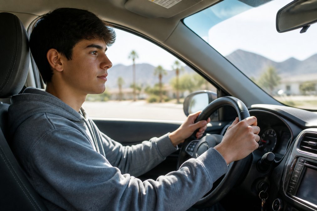 Young driver sitting in car with hands on steering wheel, looking confident and focused on the road, natural daylight streaming through windshield