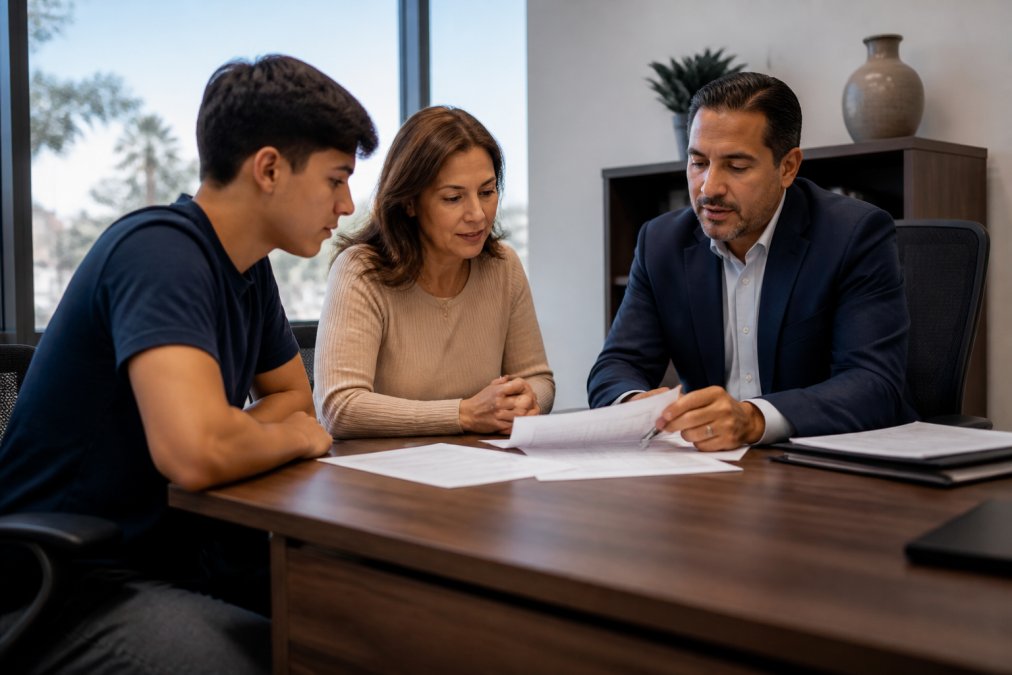 Insurance agent meeting with young driver and parent at desk, reviewing paperwork and documents together, professional office setting with natural lighting