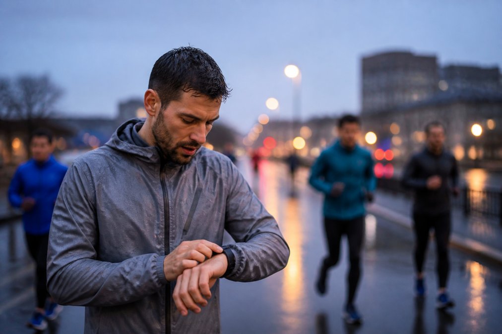 A male runner in a lightweight grey running jacket checking his watch on a wet city street at dusk, rain visible on the jacket surface, other runners blurred in the background