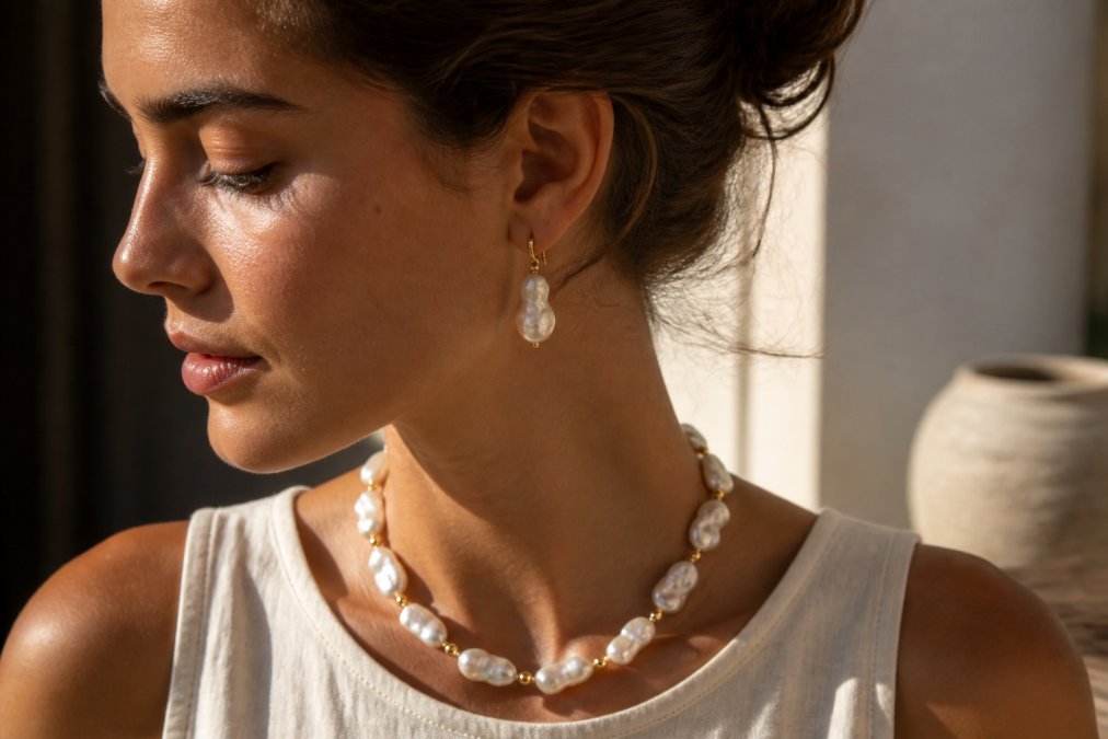 Close-up van een vrouw die barokparel oorbellen en een bijpassende ketting draagt. Natuurlijk zijlicht benadrukt de unieke, onregelmatige vormen en de glans van elke parel.