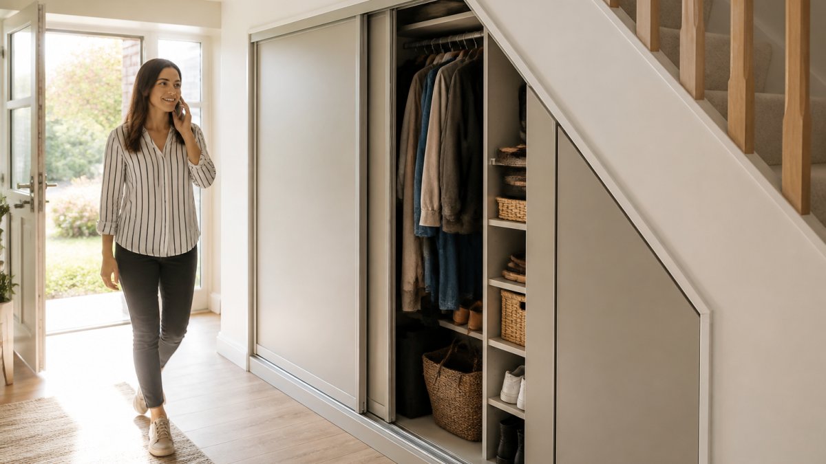 Fitted sliding door wardrobe under stairs with internal shelving and hanging space in a bright hallway