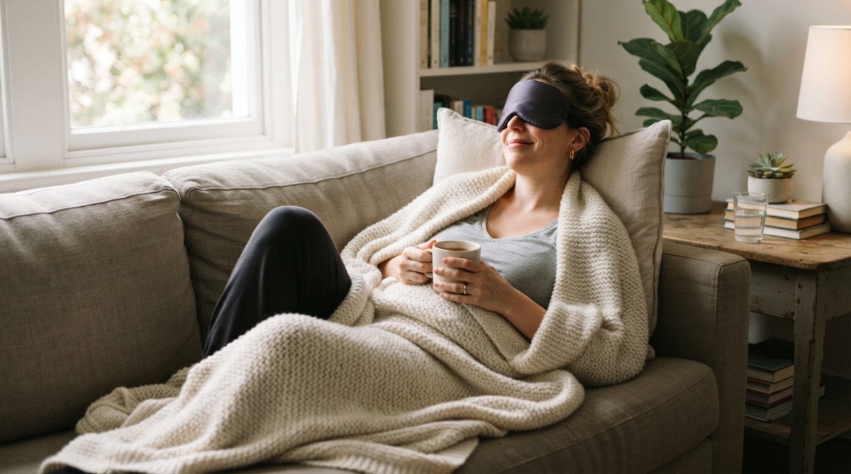 Exhausted new mother relaxing on a soft sofa, wearing a heated eyemask and wrapped in a cosy blanket, peaceful expression with gentle natural light coming through a window