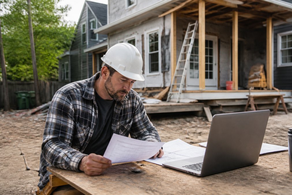 Contractor reviewing project documents on a job site for accounting firms BC to track renovation costs.